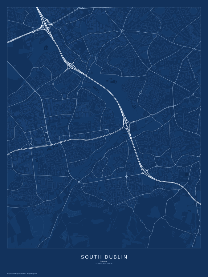 South Dublin map poster, blueprint style
