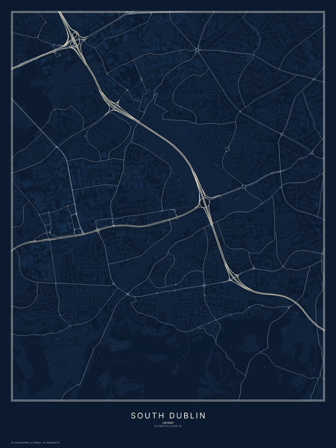 South Dublin map poster, midnight style