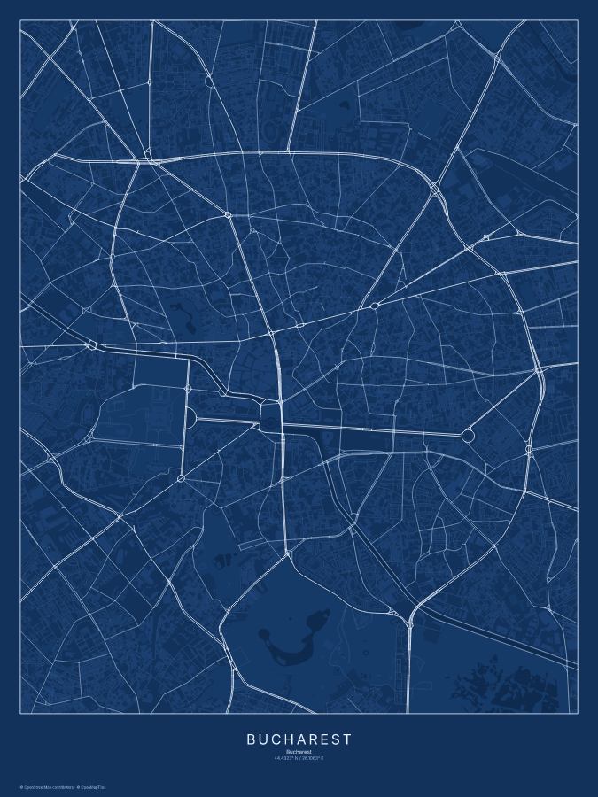 Bucharest map poster, blueprint style