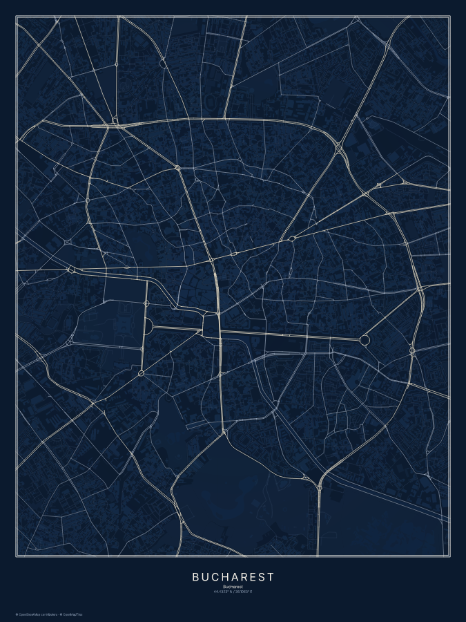 Bucharest map poster, midnight style