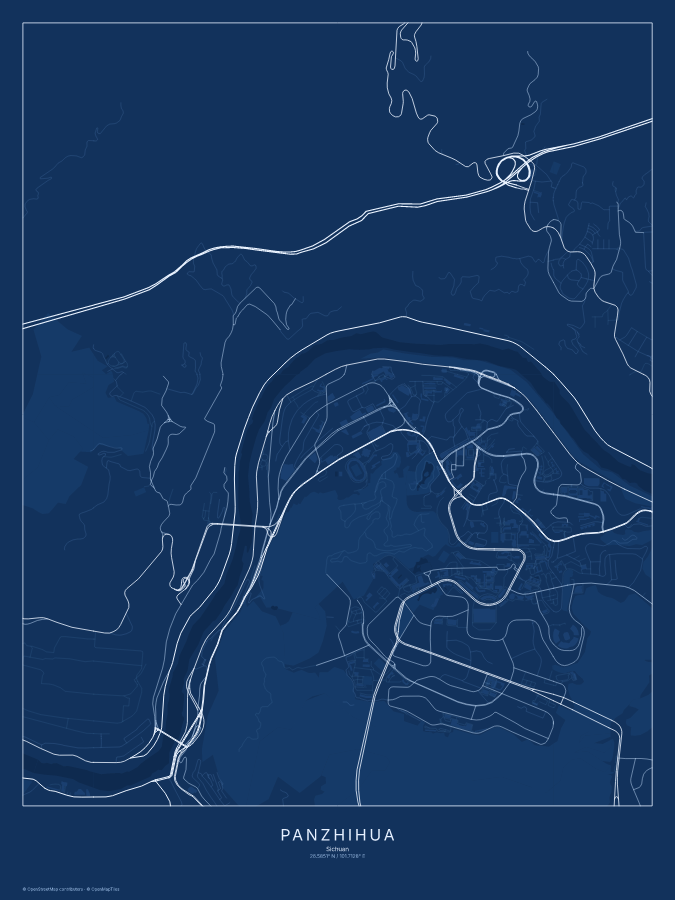 Panzhihua map poster, blueprint style