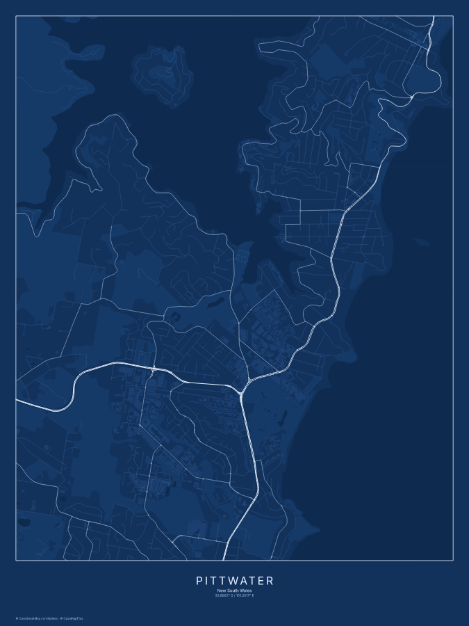 Pittwater map poster, blueprint style