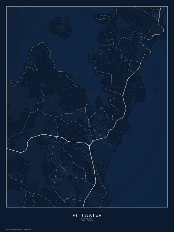Pittwater map poster, midnight style