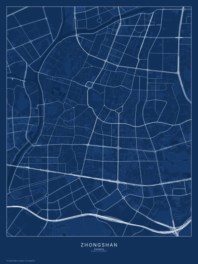 Zhongshan map poster, blueprint style
