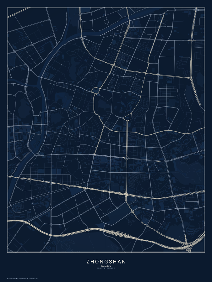 Zhongshan map poster, midnight style