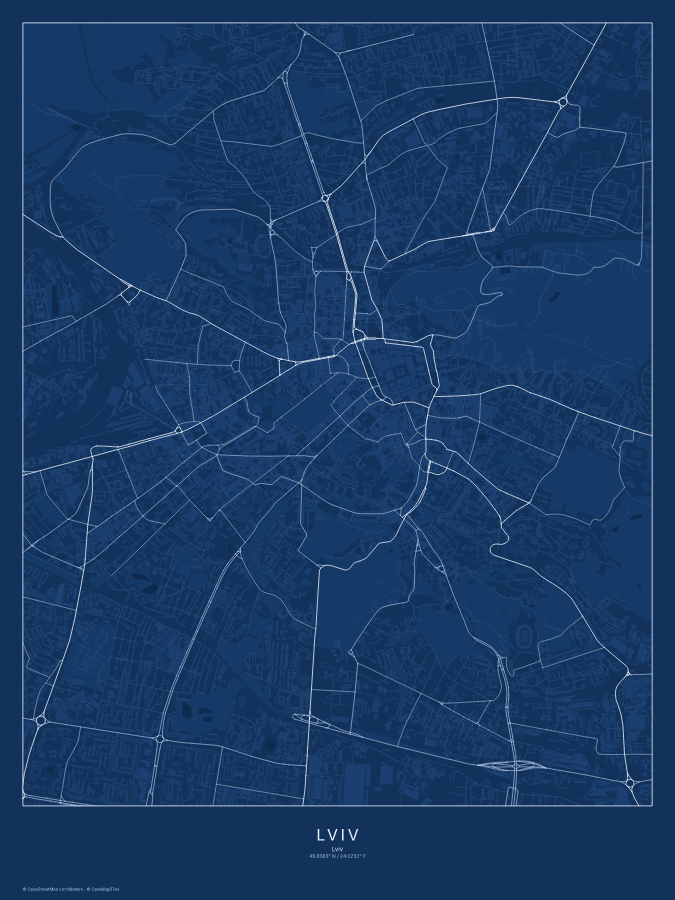 Lviv map poster, blueprint style