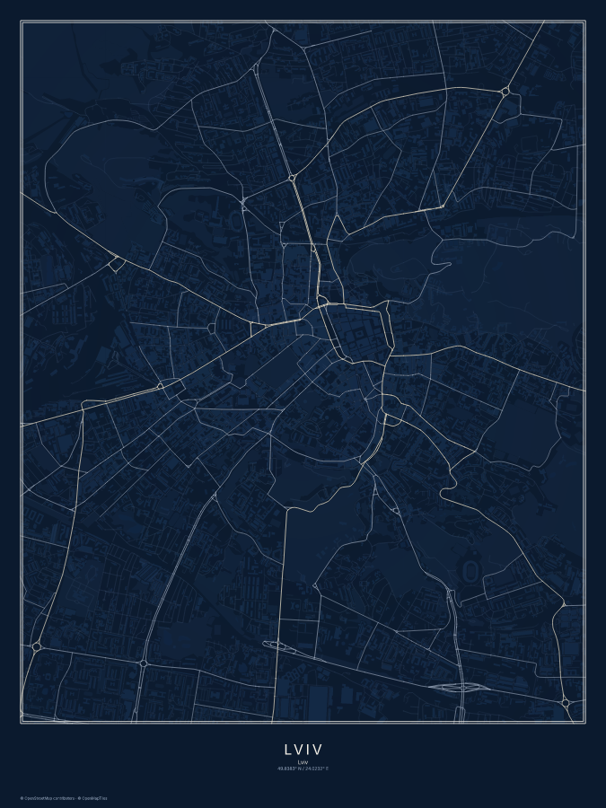 Lviv map poster, midnight style