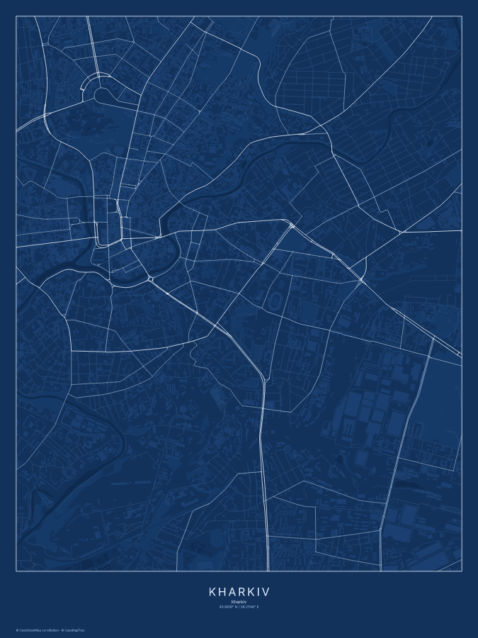 Kharkiv map poster, blueprint style