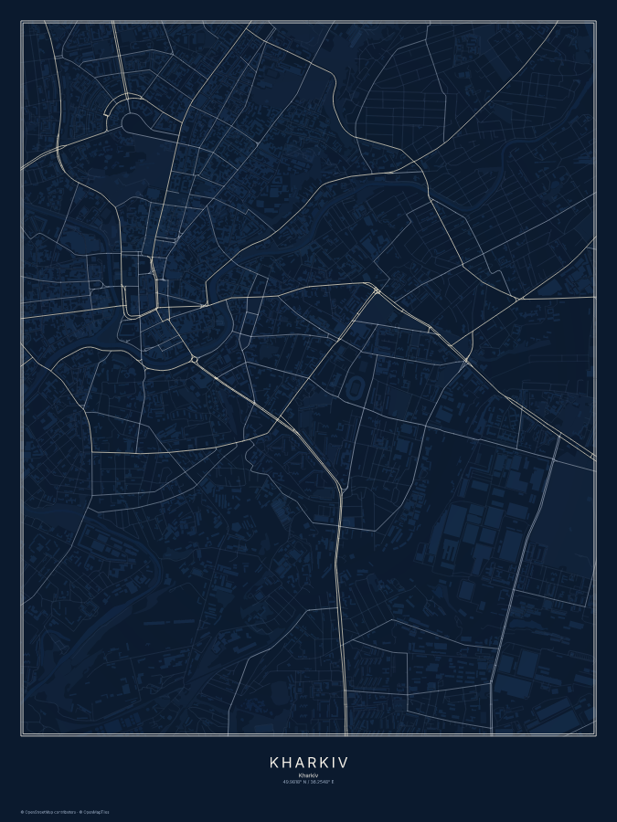 Kharkiv map poster, midnight style