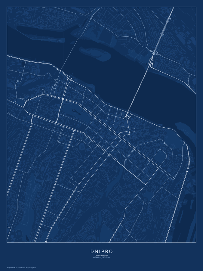 Dnipro map poster, blueprint style