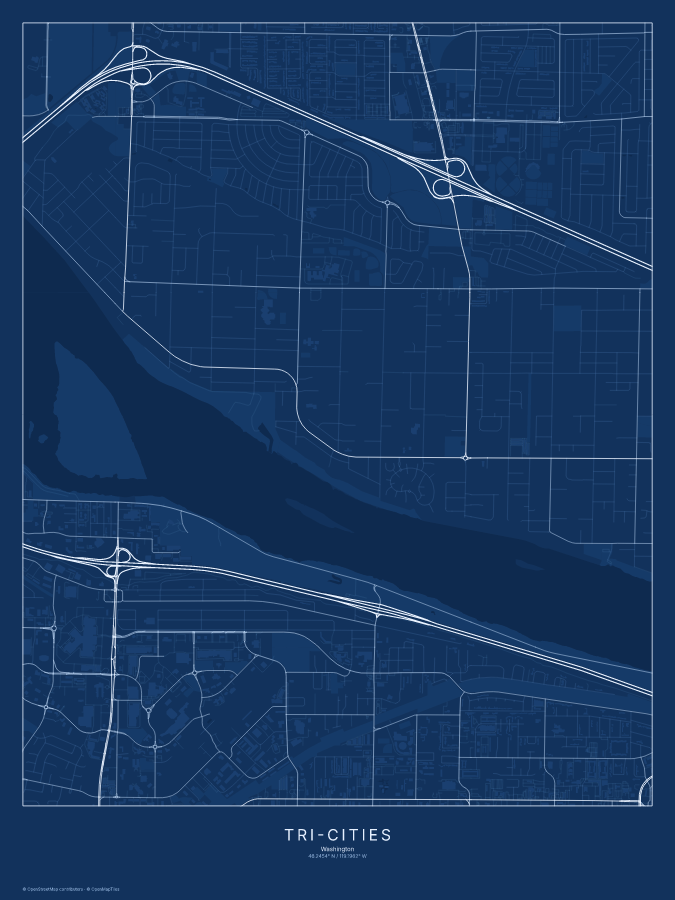 Tri-Cities map poster, blueprint style