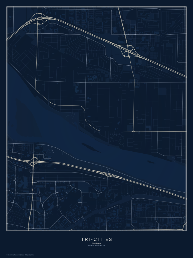 Tri-Cities map poster, midnight style