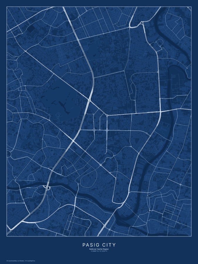 Pasig City map poster, blueprint style