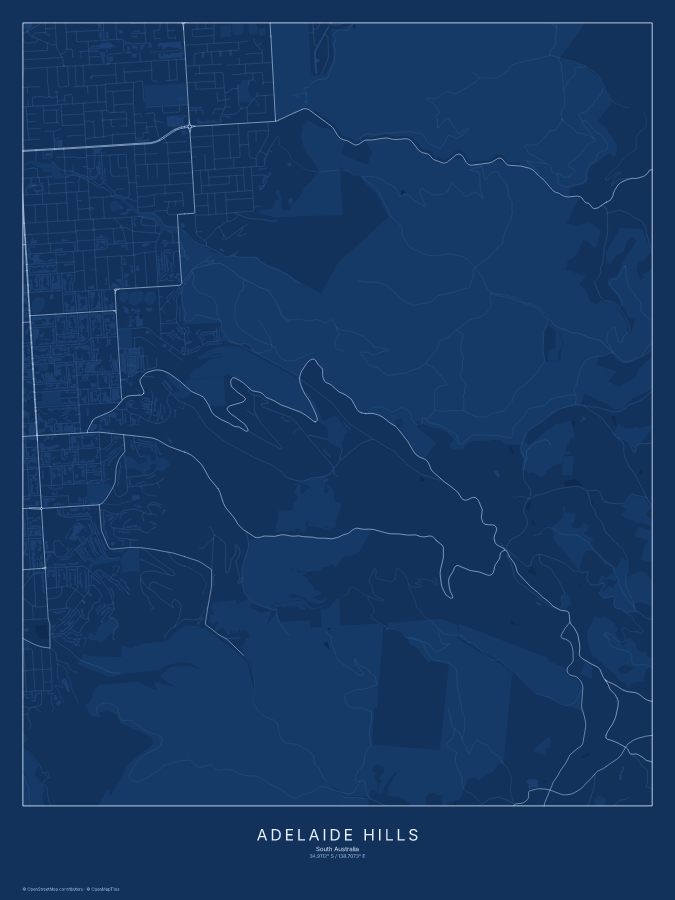Adelaide Hills map poster, blueprint style
