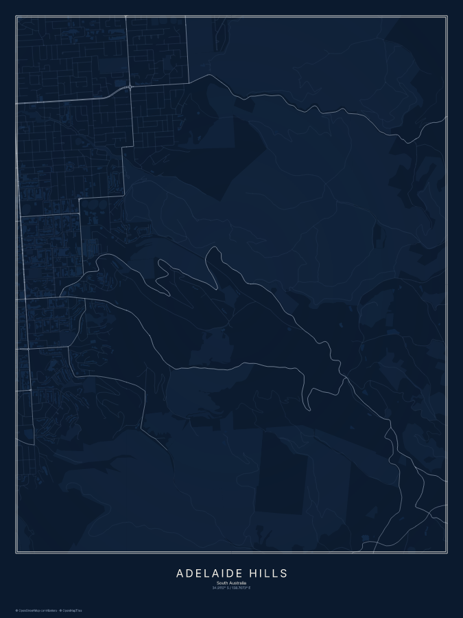 Adelaide Hills map poster, midnight style