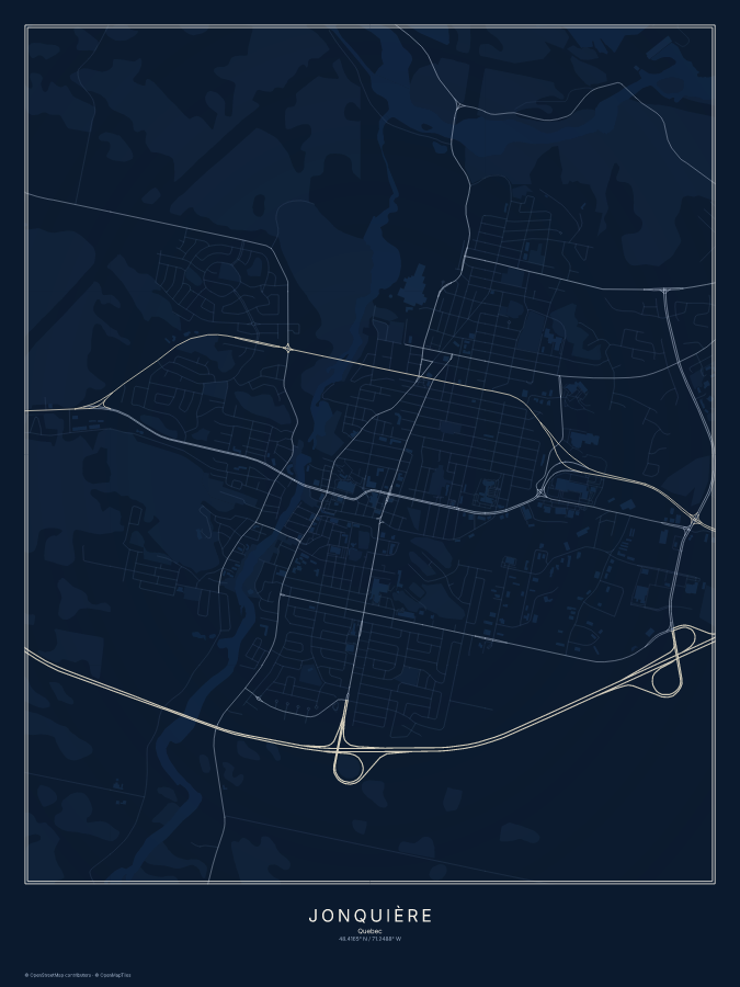Jonquière map poster, midnight style