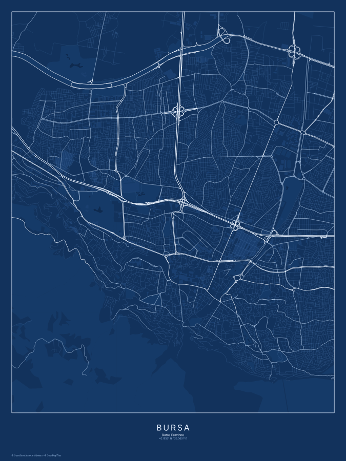 Bursa map poster, blueprint style