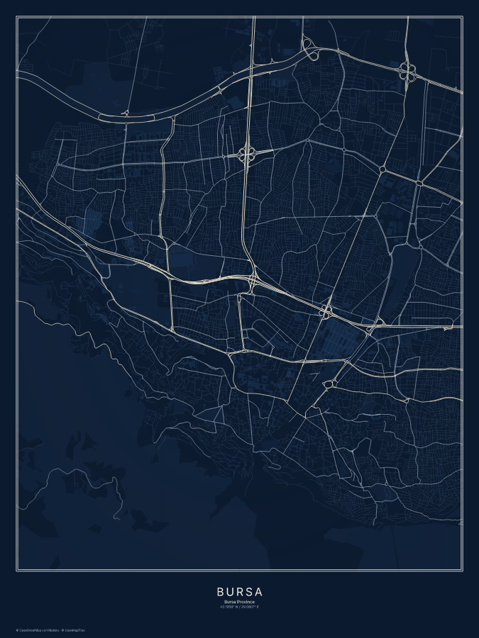 Bursa map poster, midnight style