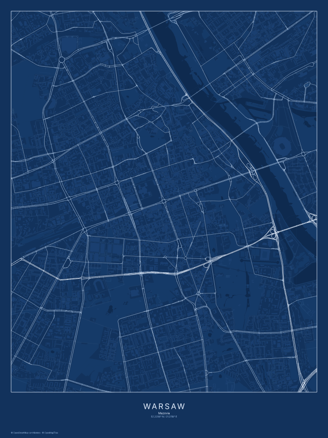Warsaw map poster, blueprint style