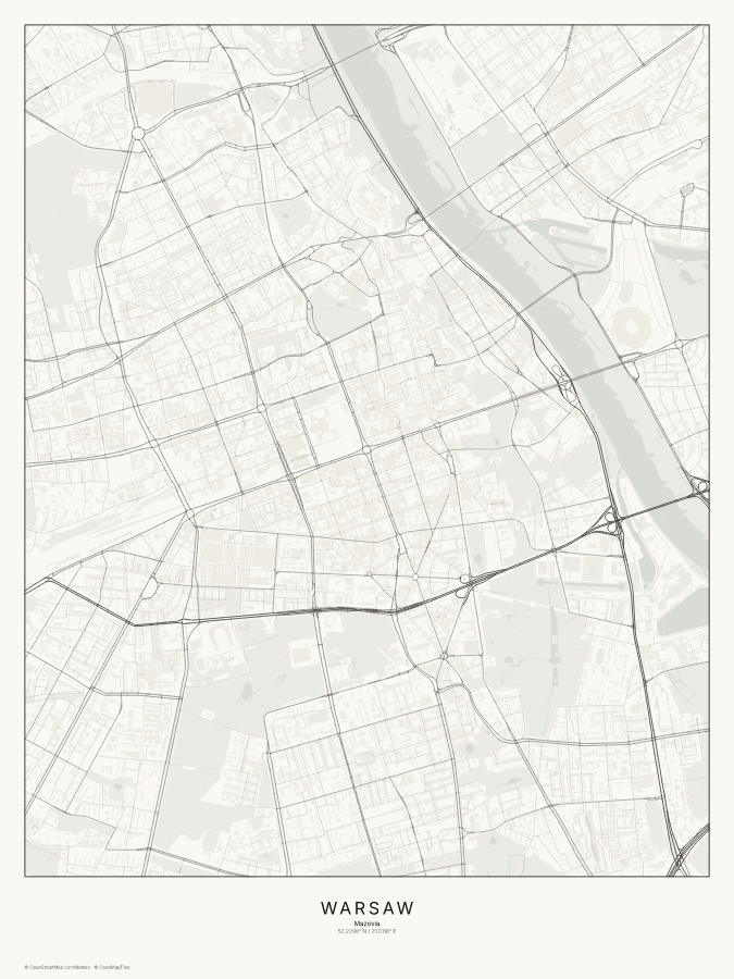 Warsaw map poster, classic style