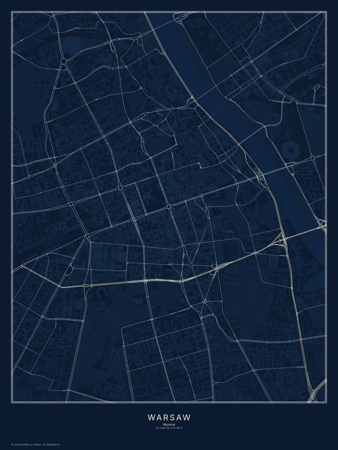 Warsaw map poster, midnight style