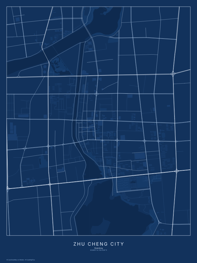 Zhu Cheng City map poster, blueprint style