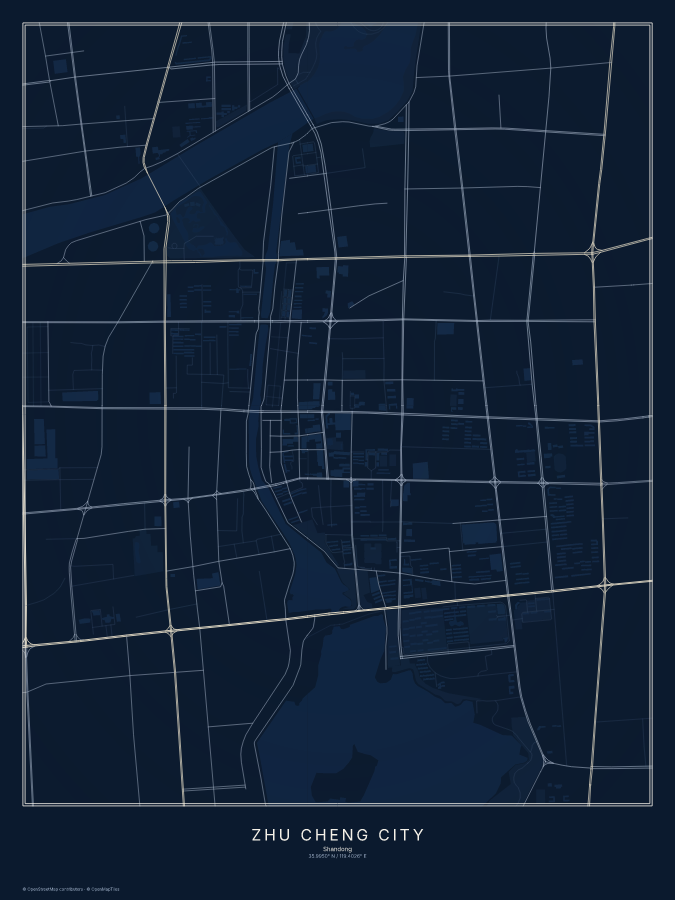 Zhu Cheng City map poster, midnight style