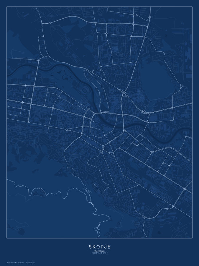 Skopje map poster, blueprint style