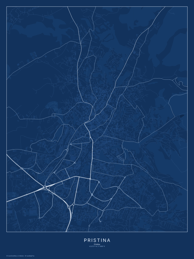 Pristina map poster, blueprint style