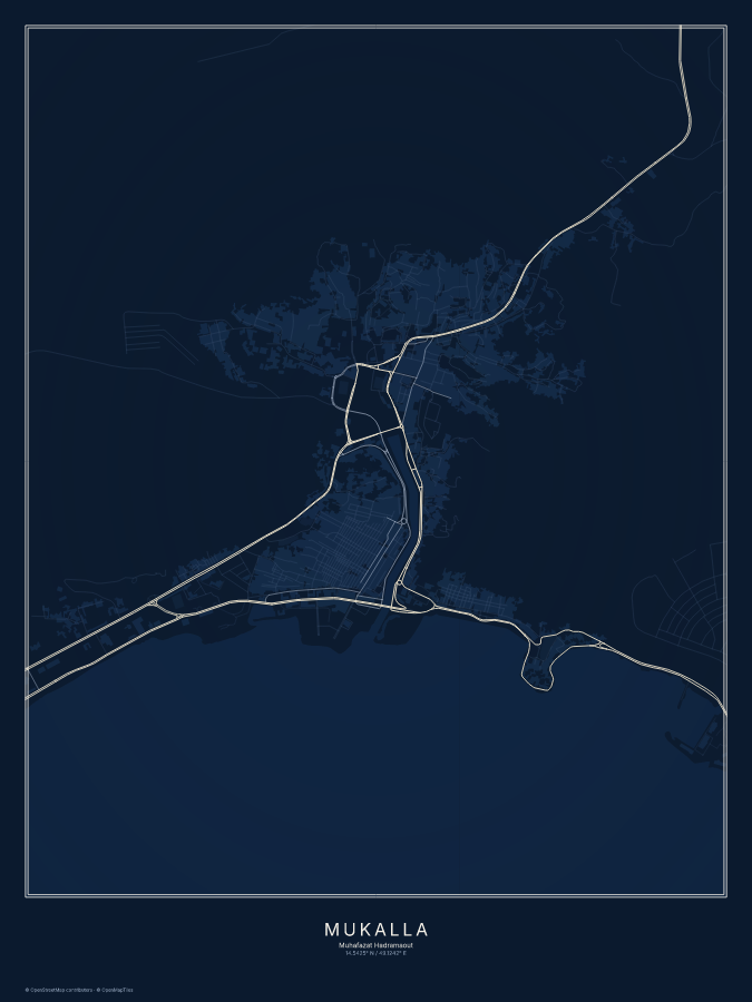 Mukalla map poster, midnight style