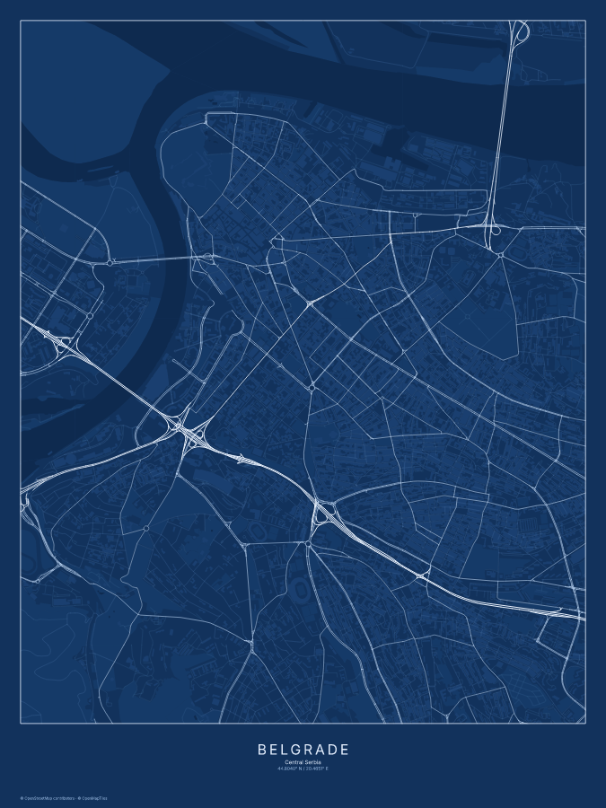 Belgrade map poster, blueprint style