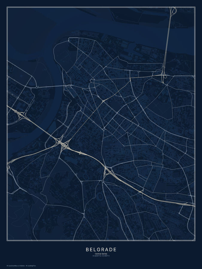 Belgrade map poster, midnight style
