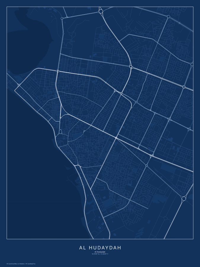 Al Ḩudaydah map poster, blueprint style