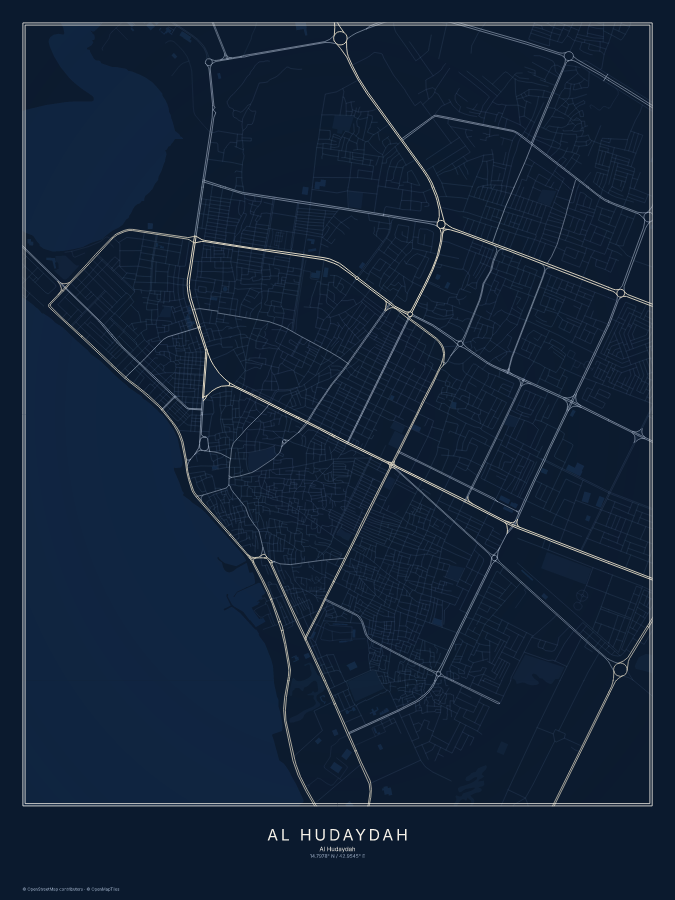 Al Ḩudaydah map poster, midnight style
