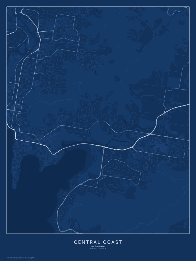 Central Coast map poster, blueprint style