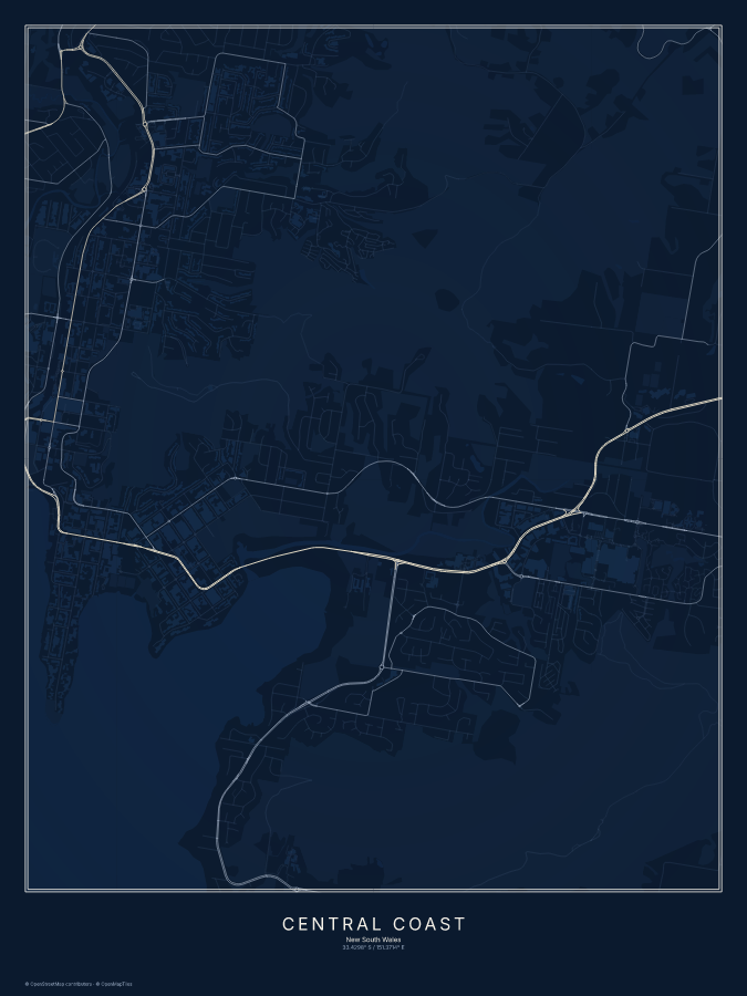 Central Coast map poster, midnight style