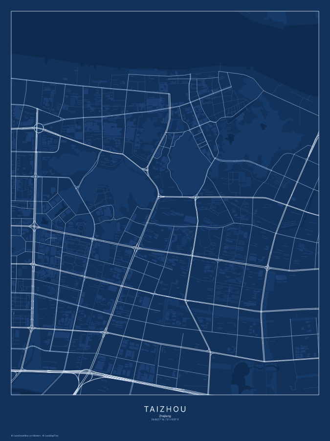 Taizhou map poster, blueprint style