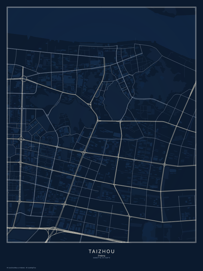 Taizhou map poster, midnight style