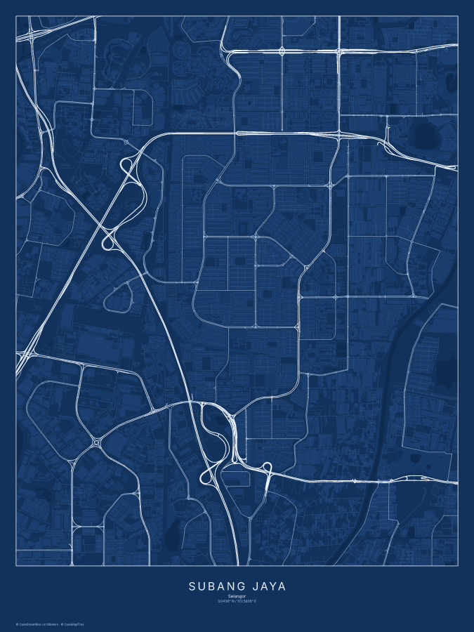 Subang Jaya map poster, blueprint style