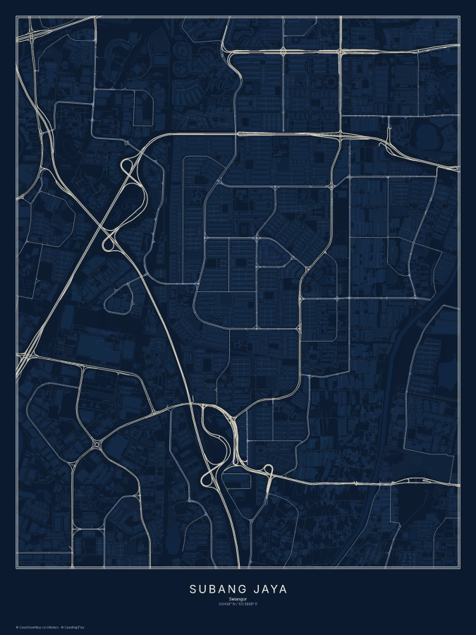 Subang Jaya map poster, midnight style