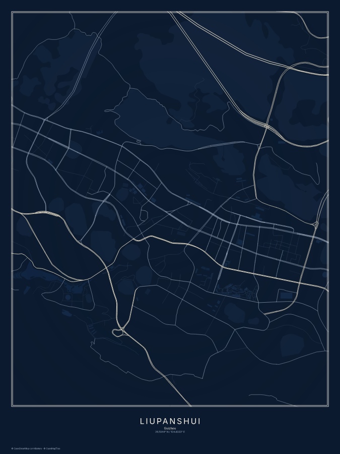 Liupanshui map poster, midnight style