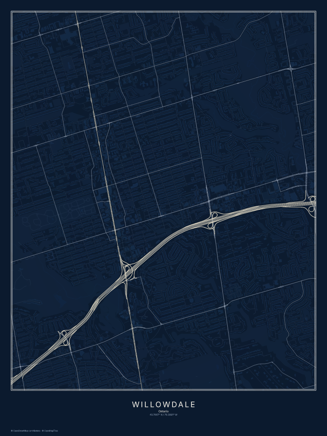 Willowdale map poster, midnight style
