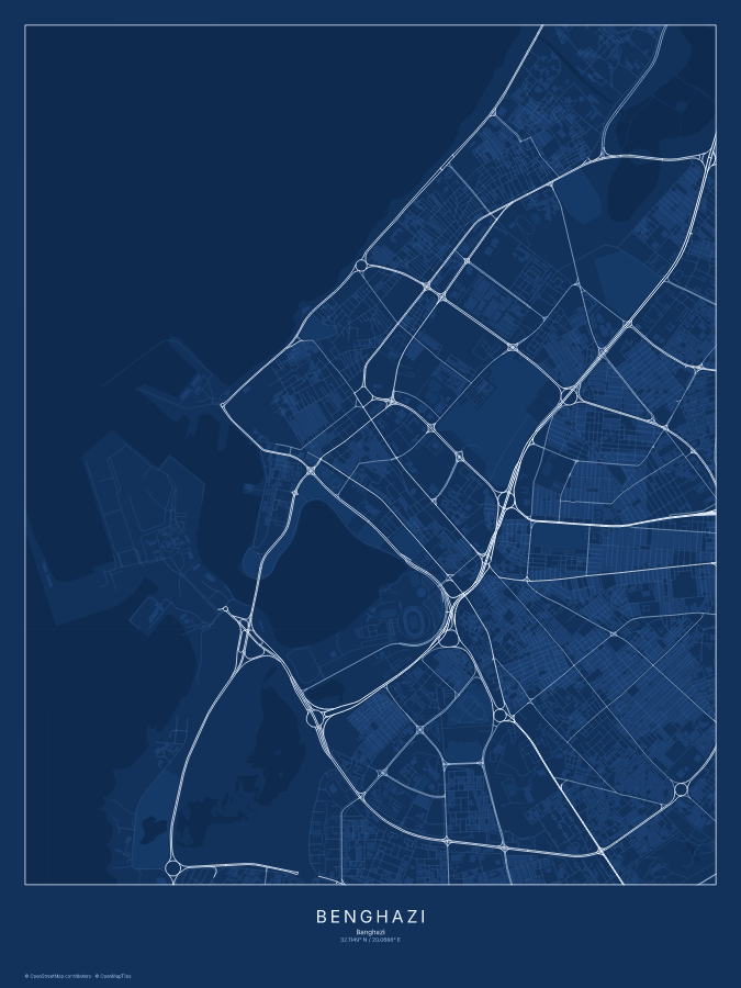 Benghazi map poster, blueprint style