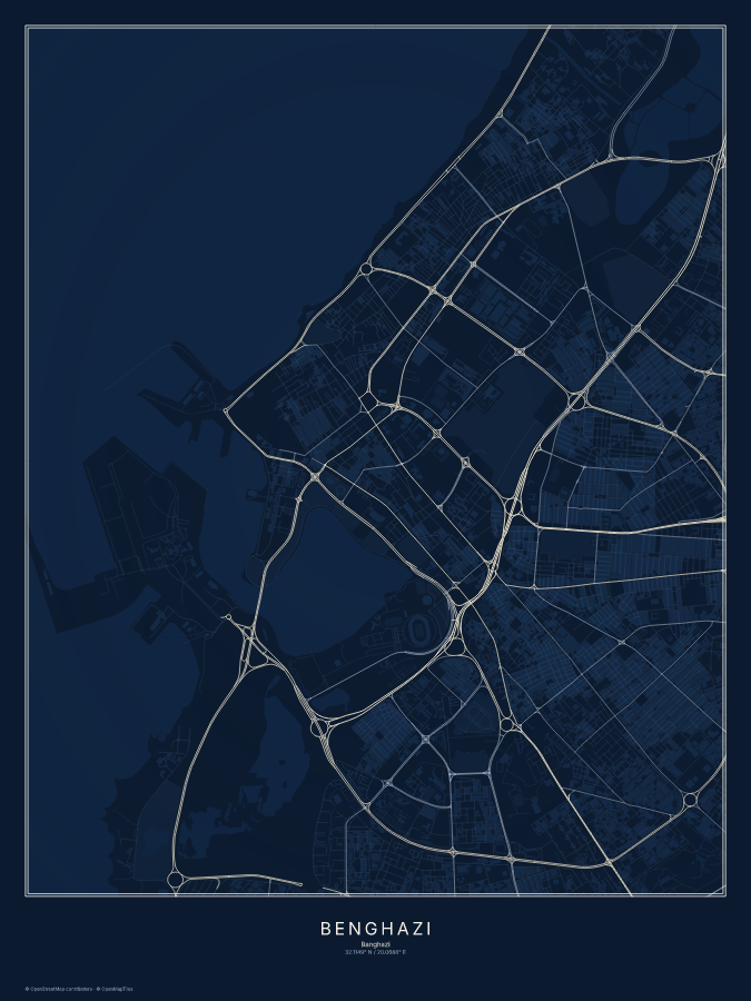 Benghazi map poster, midnight style