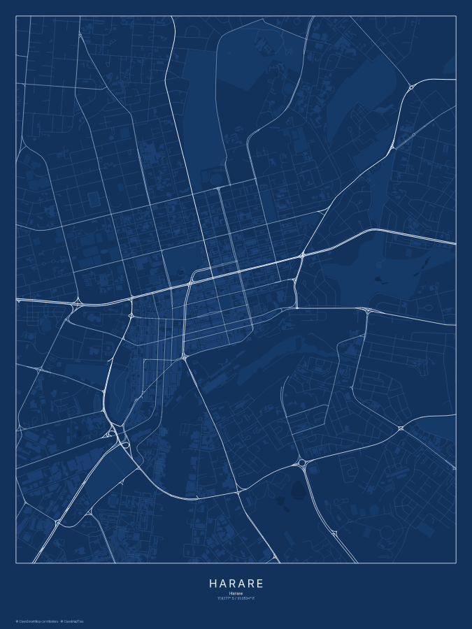 Harare map poster, blueprint style