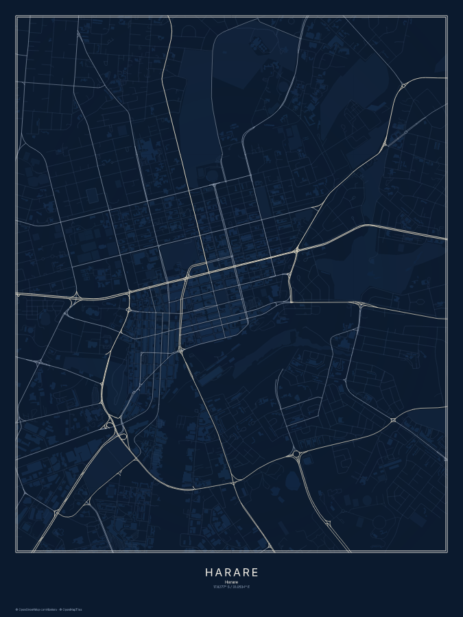 Harare map poster, midnight style