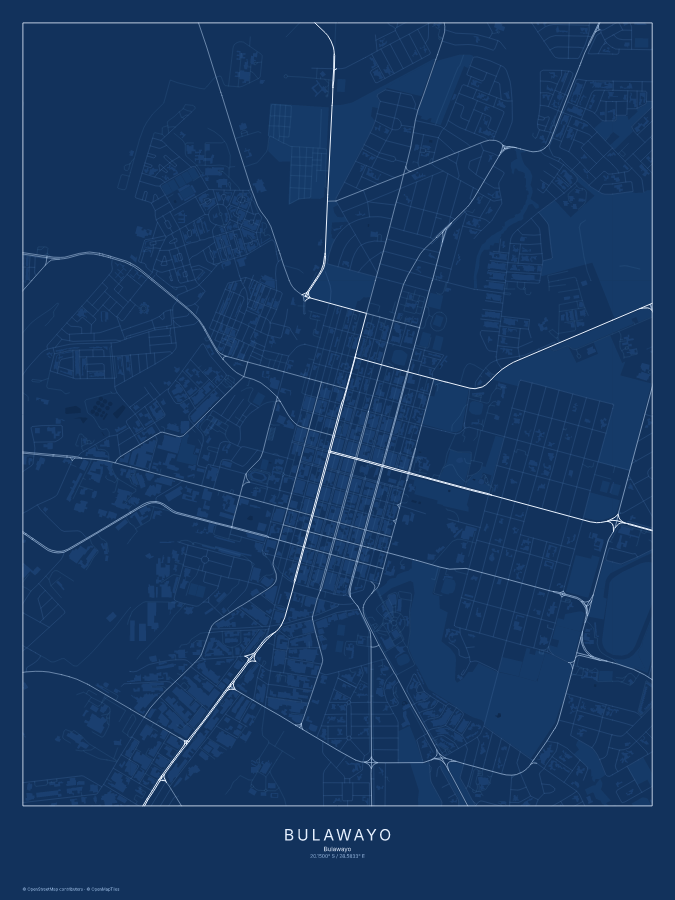 Bulawayo map poster, blueprint style