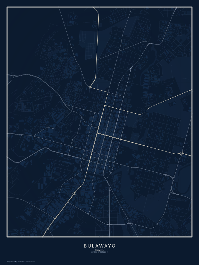 Bulawayo map poster, midnight style