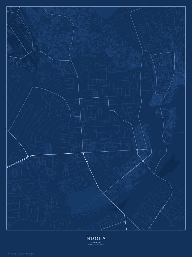 Ndola map poster, blueprint style