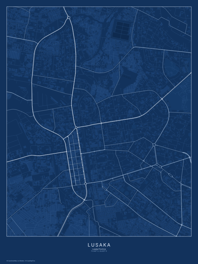 Lusaka map poster, blueprint style